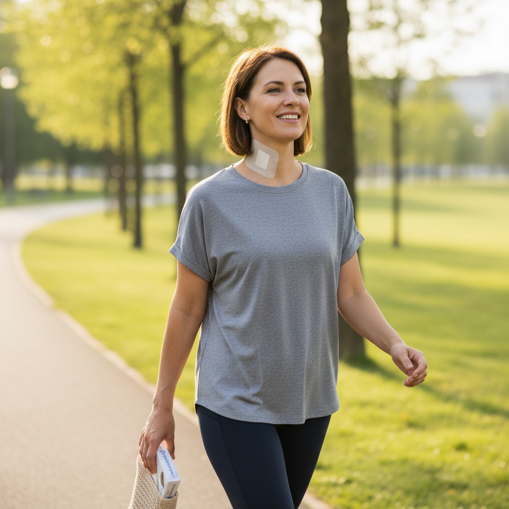 Mujer caminando con parche Comfortherm en cuello